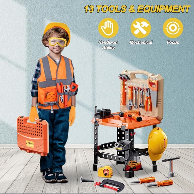 Kids Tool Bench Set,MAGIC4U 95PCS Toddler Tool Workbench with Electronic Drill 13 Tool Equipements,Safety Vest & Hat,Pretend Play Kids Construction Toys Gift for Boys Girls Age 3,4,5,6,7,8