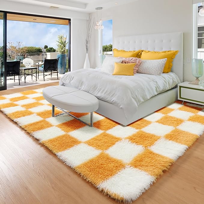 KICMOR Soft Fluffy 5x8 Orange and Cream White Rugs Living Room Carpets, Large Fuzzy Checkered Shag Area Rug Big Carpet for Bedroom, Indoor Plush Shaggy Rug for Nursery Teen Boys Girls Room Decor