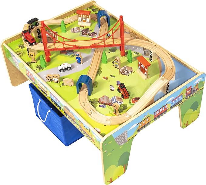 50 Piece Wooden Train Set with Activity Table & Storage Bin - 100% Hardwood Track, Engine, Oil Tanker, Caboose, Fire Engine, Station, Policeman, Farm Animals. Compatible with All Major Brands
