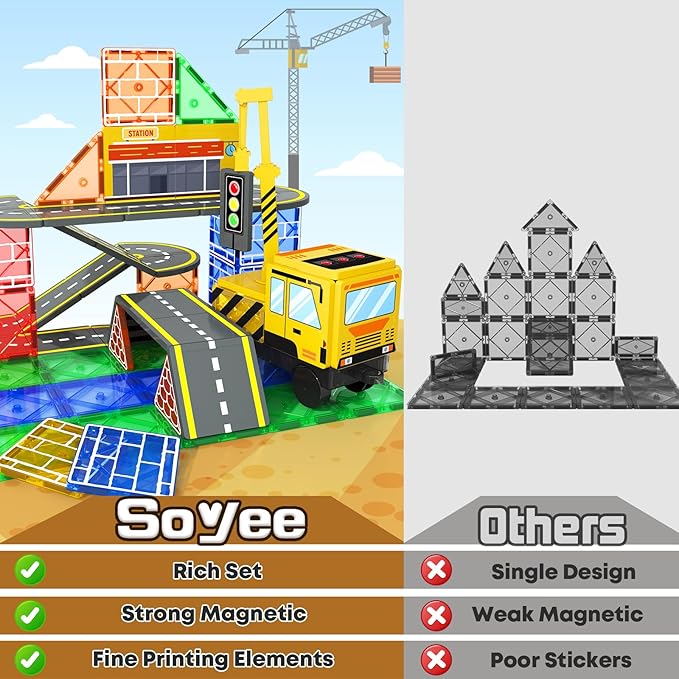 Magnetic Tiles Magnetic Construction Set with 2 Cranes Boys Toys for Ages 3-5 5-7 8-10 Building Toys Includes Crane, Road Tracks, Train, Train Tracks, Dolls, Car Toy, Traffic Lights and Stations