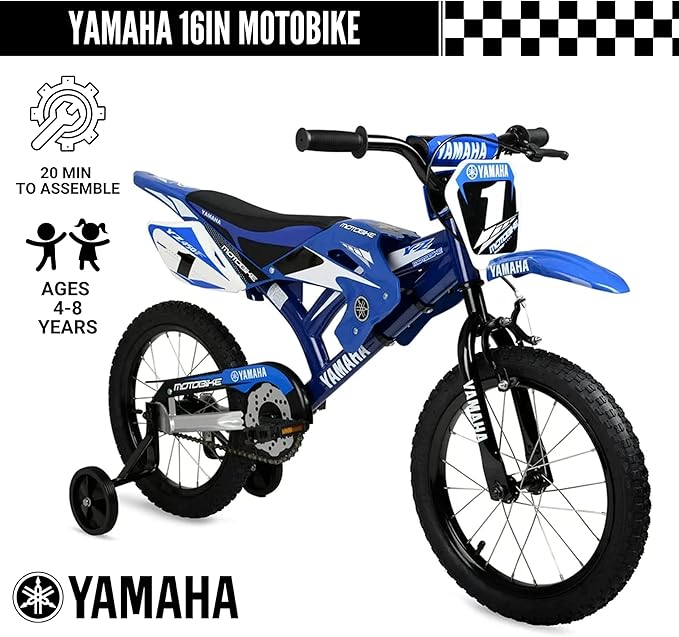 Yamaha 16 Inch Motocross Style Bike for Kids | Coaster Brake, Detachable Training Wheels | Safe Pedal Powered Bicycle for Toddlers Ages 4-8 | Great for Boys & Girls