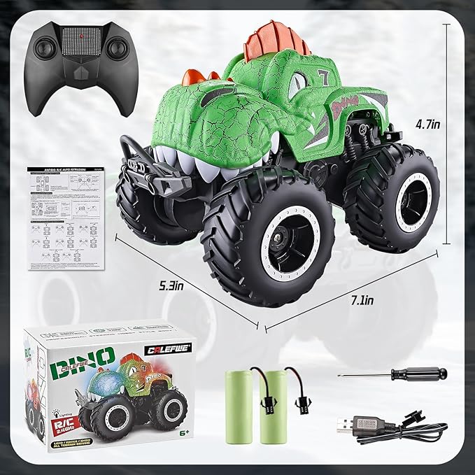 Amphibious Monster Truck Toys, 1:20 Waterproof Dinosaur Monster Trucks for Boys Age 4-7, 2.4GHz All Terrain RC Cars with 2 Batteries, 360° Rotating Stunt RC Car Toy Birthday Gift for Kids 3-5