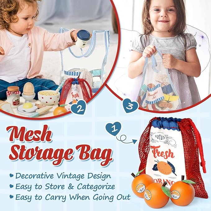 Lehoo Castle Wooden Play Food Set - Montessori Cutting Fruit Egg Bread, Pretend Breakfast Food Toys for Kids Kitchen, Educational Toddler Toys 3-5 Years, with Storage Bag, Birthday Gift for Boys Girls