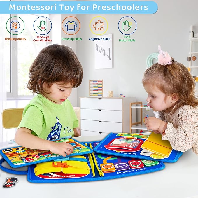 Busy Board Montessori Toys for 3 4 Year Old, Educational Activity Sensory Preschool Learning Toys for Toddlers, Travel Toys for Airplane Car,Pretend Play Toys for Boys Girls Birthday Gifts