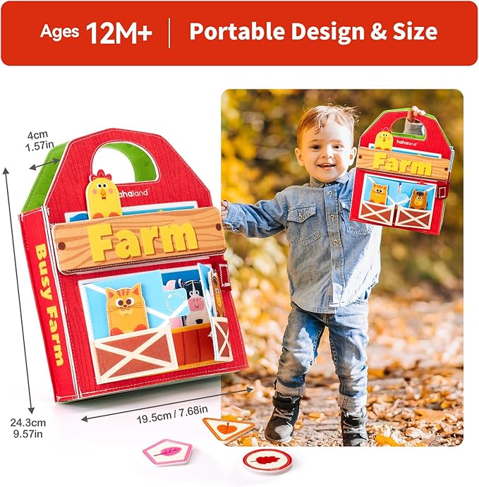 hahaland Busy Board for 1 Year Old - Farm Animals Quiet Busy Book for Toddlers 1-3 - Montessori Toys for 1 Year Old Boy Girl Gifts - Educational Activity Books Felt Learning Board Airplane Travel Toys