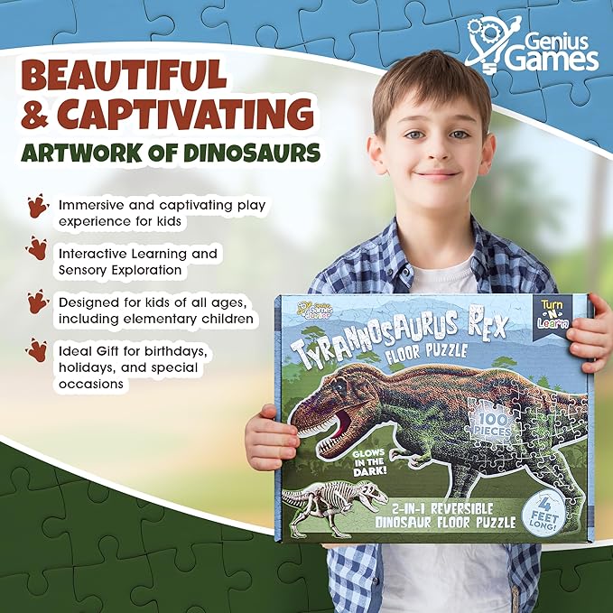 Tyrannosaurus Rex Dinosaur Jigsaw Puzzle | 100-Piece Double Sided Floor Puzzle with Glow-in-The-Dark Skeleton On Other Side | 4 FT Scientifically Accurate Dino Illustration | Educational Toy for Kids