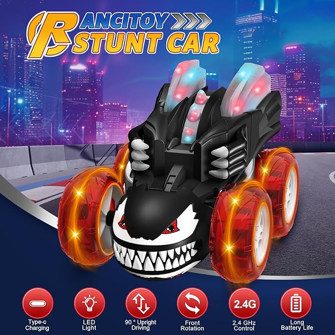 Remote Control Car for Boys, 2.4GHz 4WD RC Stunt Cars with 360° Flips, LED Lights Cool Toys, Rechargeable USB-C, Monster Toy, Birthday Gift for Kids Boy Ages 3-8