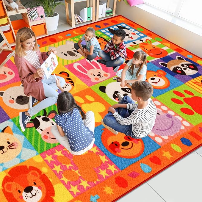 Cute Animal Classroom Rug, 110.2"X78.7" Non-Slip Educational Kids Carpet for Playroom, Washable Preschool Rug for Elementary, Nursery