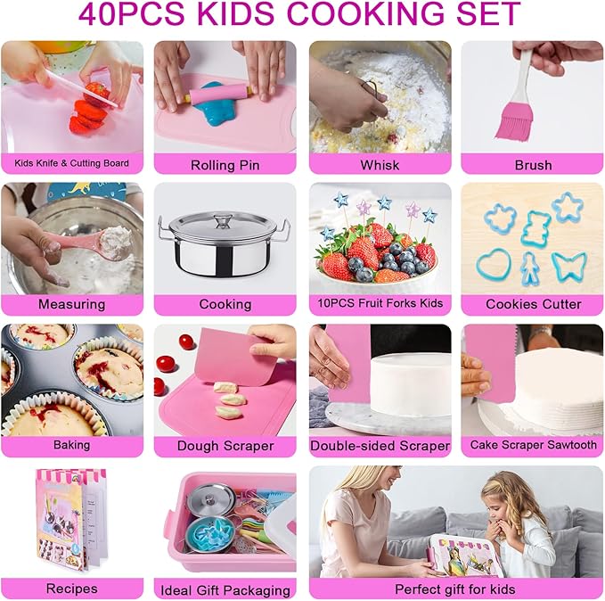 42 Pieces Kids Real Cooking Set,Kids Knife Set, Kids Baking Set,Cookware,Kids Play Pots and Pans,Mini Stainless Steel Pretend Play Cooking Toys,Apron and Chef Hat for Girls,Sensory Toys