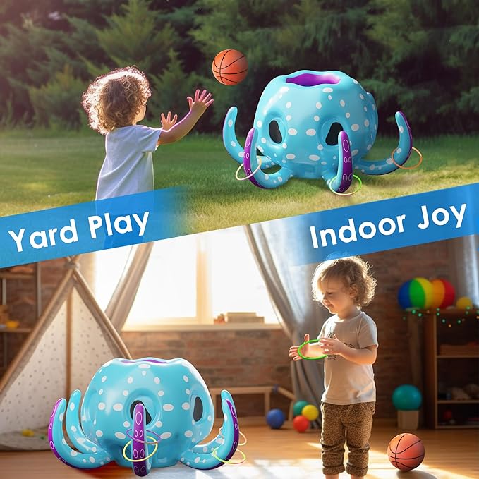 iPlay, iLearn Pool Wave Kids Octopus Pool Toys, 2-in-1 Inflatable Float Water Game, Basketball Hoop Ring Toss Outdoor Swim Play, Cool Summer Family Party Gift 3 4 5 6 7 8 Year Old Boy Girl Child-Blue