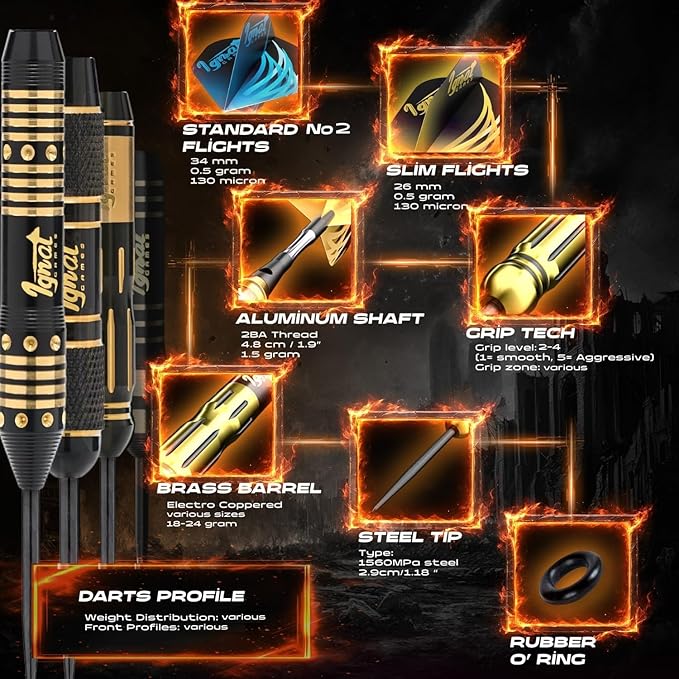 IgnatGames Steel Tip Darts Set - 3/6/12 Pack Brass Darts Metal Tip Set with Exquisite Case - Aluminum Shafts, 2 Sets of Flights, Dart Tool & Sharpener