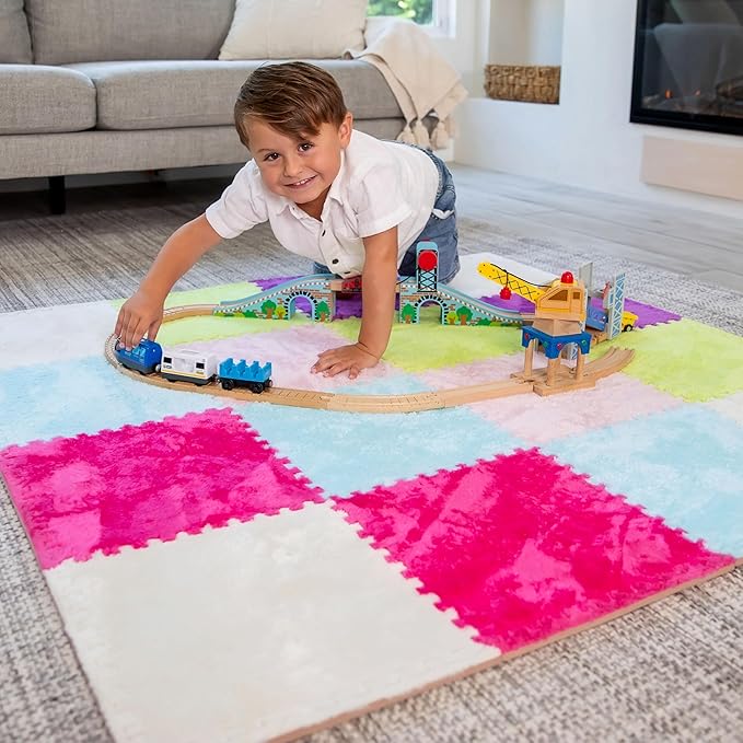 16 Piece Carpet Squares Puzzle Mat 49" x 49" Plush Interlocking Carpet Tiles, Foam Floor Tiles for Baby Play Mat - Kids Soft Play Mats Anti Slip Jigsaw Flooring Playmat Playroom Rug (Multi-Color)