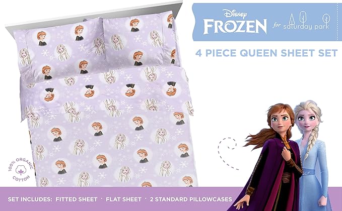 Saturday Park Disney Frozen Watercolor Queen Sheet Set - 4 Piece 100% Organic Cotton Sheets Featues Elsa & Anna - GOTS & Oeko-TEX Certified (Disney Official)