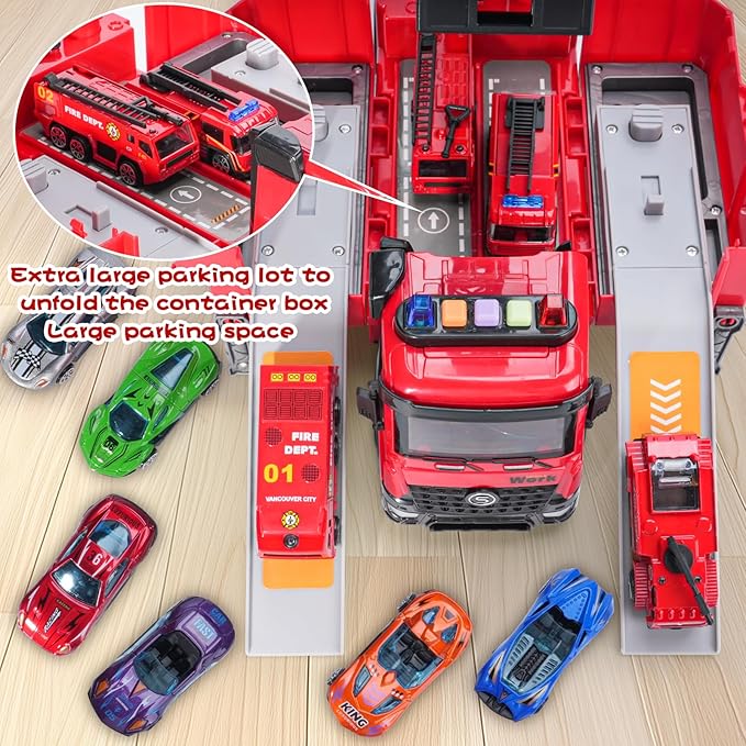 Toy Fire Truck Rescue Firetruck - Transformer Ejector Truck Car Race Track Home Outdoor Shool Toddler Kids Ages 2 3 4 5 6 7 8 Year Old Boys Girls Children Christmas Birthday Gift Ladder Real Water Jet