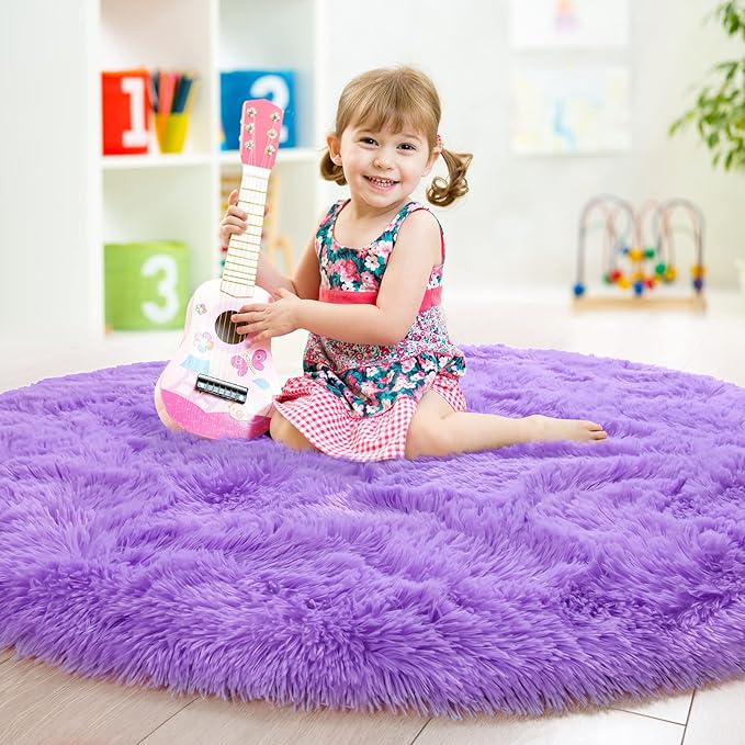 junovo Round Rug 5x5 Feet Fluffy Soft Area Rugs for Kids Girls Room Princess Castle Plush Shaggy Carpet Cute Circle Nursery Rug for Kids Girls Bedroom Baby Room Home Decor Circular Carpet, Purple