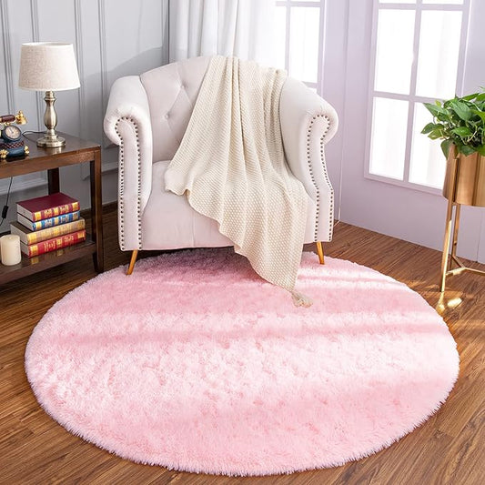 LOCHAS Luxury Round Fluffy Area Rugs for Bedroom Kids Girls Room Nursery, Super Soft Circle Rug, Cute Shaggy Carpet for Children Living Room, 4x4 Feet Pink