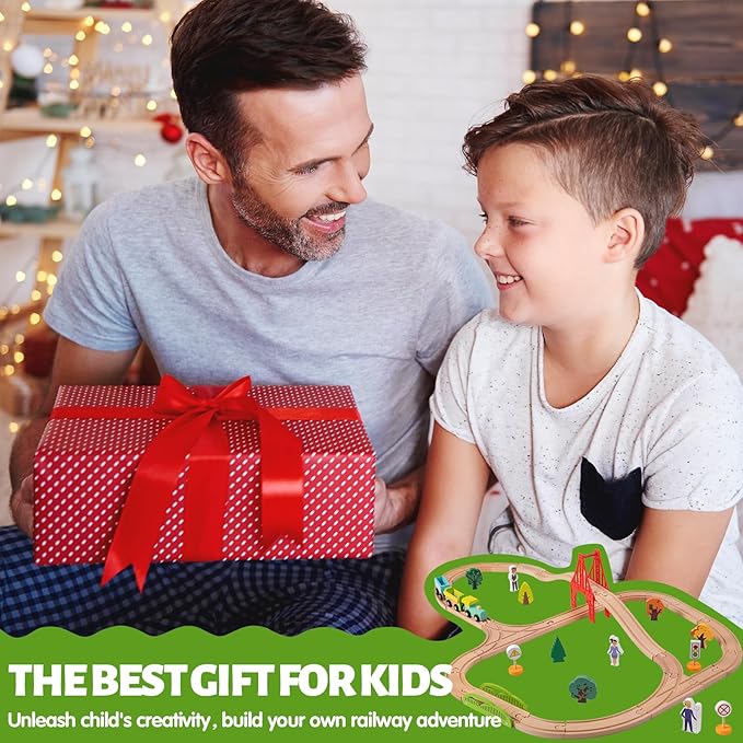 40 Pcs Wooden Train Set for Kids Ages 4-8, Wood Train Track with Magnetic Toy Train Accessories for Toddlers 3-5 Year Old Boy & Girl, Railway Set Road Sign Fit Major Brand Christmas Toy