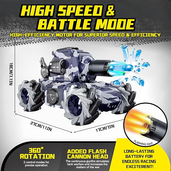 RC Tank That Shoots BBS, Water Bullet Shooting RC Stunt Car for Kids, 2.4GHz Remote Control Truck with Light Spray, 360° Rotation & Drifting, Birthday Gift for Boys, 30+ Min Playtime