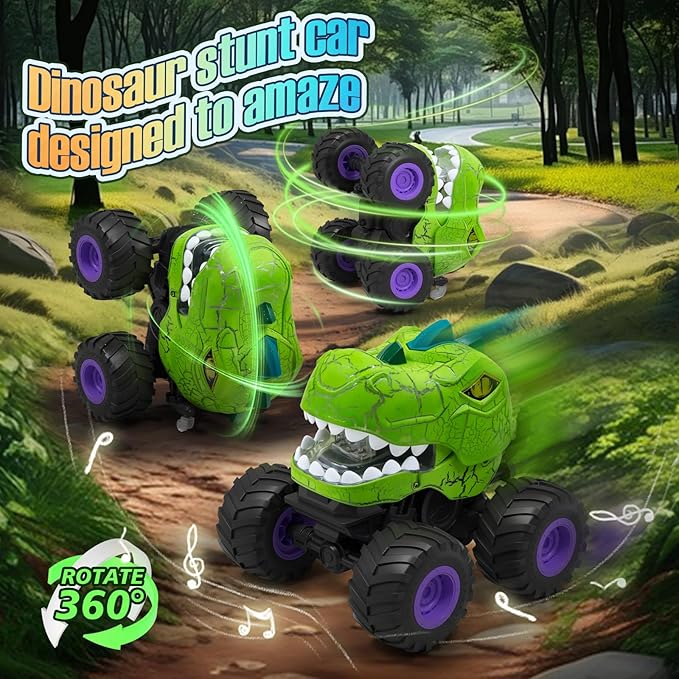 Dinosaur Remote Control Car for Boys 4-7, 360° Rotating Stunt Vehicle, 2.4GHz All Terrain RC Monster Truck Toys with Spray, Light & Sound for Kids 8-12, Birthday Gift for Boys (Green)