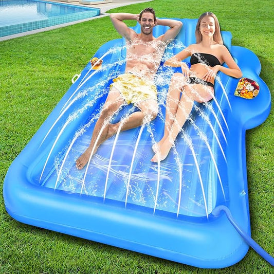 Inflatable Tanning Pool Lounger Float with Sprinkler, 83" x 63" Extra Large Pool Floats Adult with Pillow Cooler Tray, 6 in 1 Suntan Tub Raft Floatie Sunbathing Bed Water Summer Backyard Fun XL-Blue