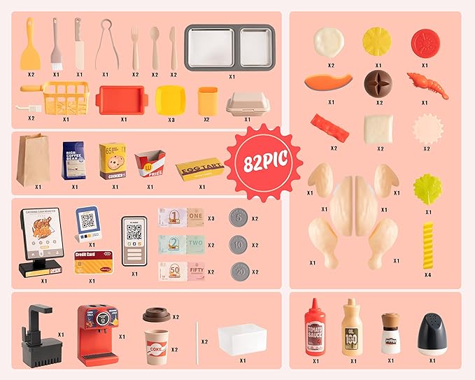 Kids Interactive Kitchen Play Set With 82 Toys, Realistic Sound Effects, and Simulated Functionality - Suitable for Toddlers (Red)