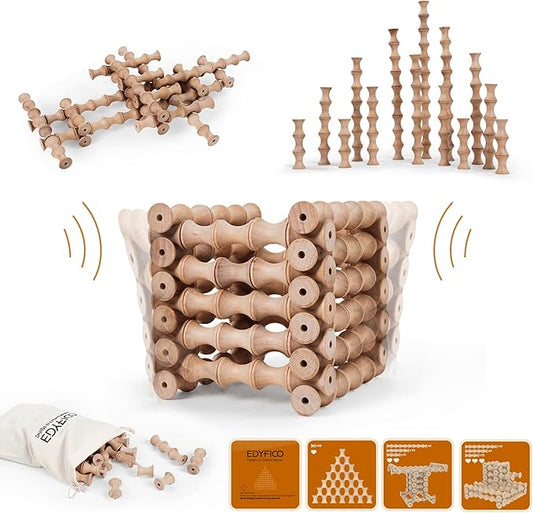TZJ102, Wooden Building Blocks for Kids, 120Pcs WAVING Stacking Toys, Durable & Safe Wood, STEM Learning Toys with Canvas Bag & Parent-Child Cards, Ideal for Home, School, Travel & Outdoor Fun