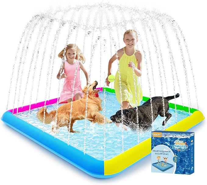 Splash Pad, 97"- 72" Non-Slip Splash Pad for Kids and Dogs, Thickened Durable Square Dog Pool with Sprinkler Summer Outdoor Water Toys for Toddler Girls Boys Children Pet (Colorful)