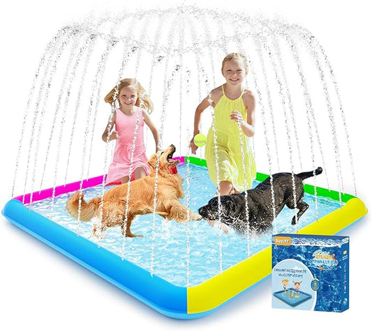 Splash Pad, 97"- 72" Non-Slip Splash Pad for Kids and Dogs, Thickened Durable Square Dog Pool with Sprinkler Summer Outdoor Water Toys for Toddler Girls Boys Children Pet (Colorful)