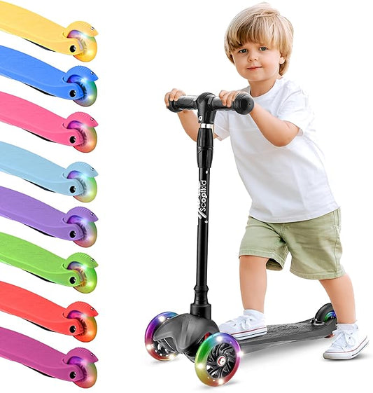 Hurtle Mini Kickboard Scooter for Kids – Height Adjustable 25-28 Inches, 3-Wheel Toddler Micro Scooter with LED Light-up Wheels, Lightweight Riding Toy, Non-Slip, Indoor/Outdoor Fun, Ages 2-5 (Pink)