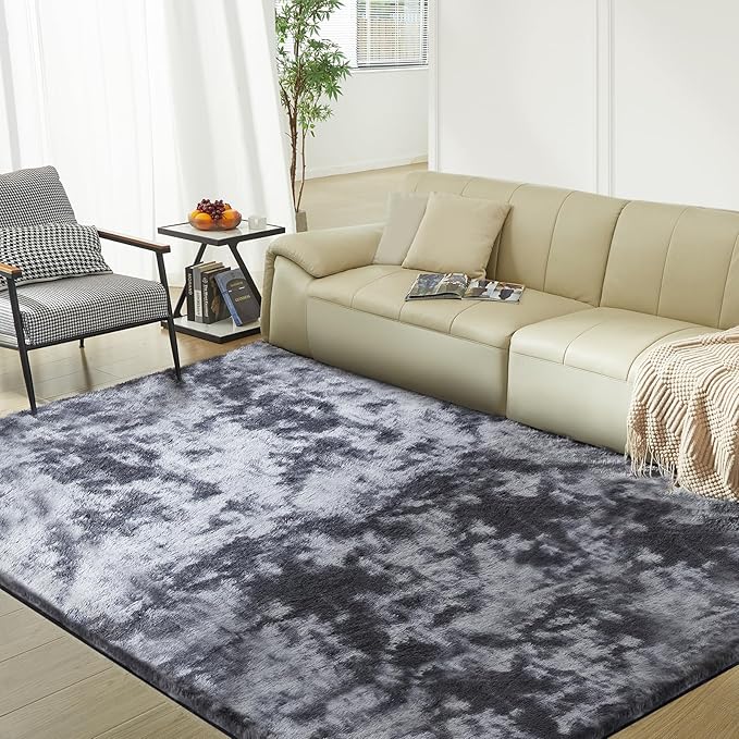 5X8 Ultra Soft Rug for Living Room, Fluffy Shag Area Rug for Bedroom, Modern Shaggy Carpets Fuzzy Rug for Teens Dorm Nursery Home Decor Aesthetic, Upgrade Anti-Skid Durable, Tie Dye Black and Grey