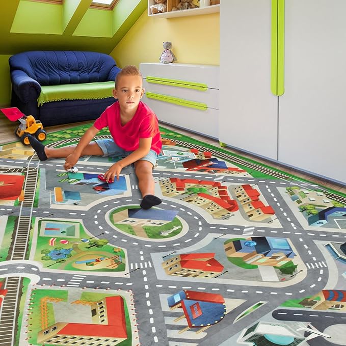 Large Kids Carpet Play Mat Rug for Playroom, 60'' x 84'’ Car Rugs Mat for Kids Toy Cars, City Life with Road Traffic Playmat Rugs Great for Kids Bedroom Play Room Boy Room Decor, Grey