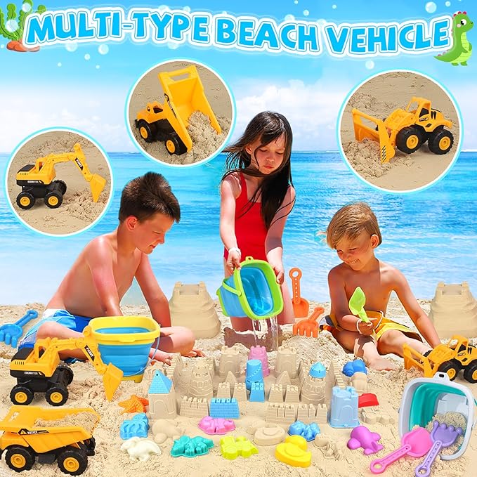 Beach Toys, 35Pcs Sand Toys with 3 Construction Vehicles, 3 Collapsible Beach Bucket, Sand Castle Building Kit, Sand Molds, Shovel Set, Mesh Bag, Travel Toys for Toddlers Kids Boys Girls