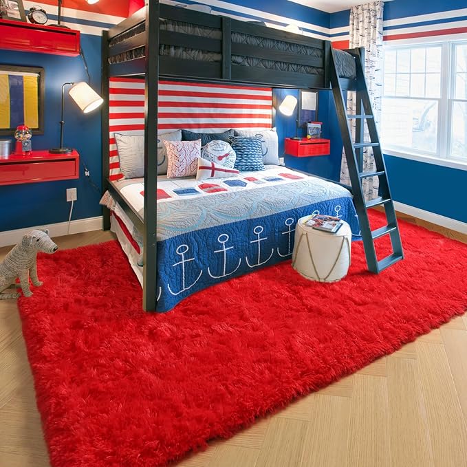 Amdrebio Red Area Rugs for Living Room Bedroom Decor, Red Carpet, Christmas Rug 5x8, Fluffy Shaggy Fuzzy Furry Throw Rugs for Kids Room Dorm Nursery Classroom, Shag Plush Rug for Teen Boys Playroom