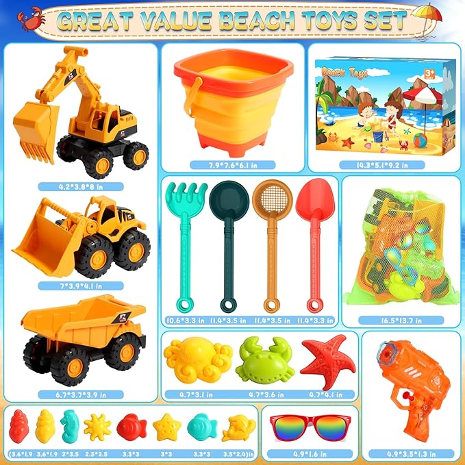 Beach Toys for Kids, Sand Toys with 2 Collapsible Beach Bucket,3 Dump Truck,2 Sunglasses,Ocean Molds,Sandbox Shovel,2 Mesh Bag Sand Castle Building Kit Travel Beach Essentials for Toddler 3-10
