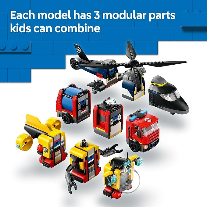 LEGO City Helicopter, Fire Truck & Submarine Remix Kids Toy - 3 Building Toys in 1 for Boys and Girls, Ages 7+ - Gift Idea for Birthdays and Holidays - with 3 Minifigures - 60462
