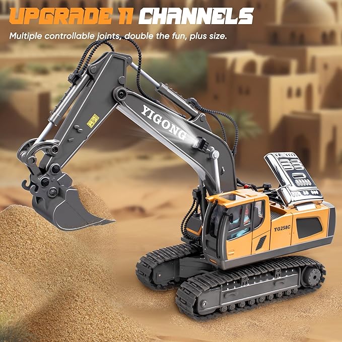 Remote Control Excavator Toy for 6 7 8 9 10 Years Old Kids, 2×1200mAh 11 Channel RC Digger with Metal Shovel, 680 Degree Rotation 2.4Ghz Simulated Sound & Lights, Ideal Gift for Birthday