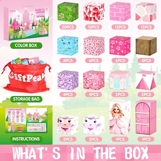 Magnetic Blocks - 100PCS Magnetic Blocks Princess Toys, Unicorn Building Cubes, STEM Montessori Sensory Education Toys for Christmas Birthday Gift Boys & Girls, for Kids Ages 3+