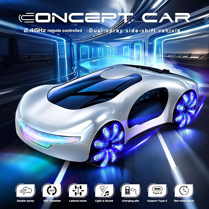WSHlMIN Futuristic Remote Control Car, Gesture Sensing Rc Stunt Car with Light Spray & Sound, 360° Rotate 2.4GHz RC Cars Toy for Boys 8-12, Birthday Presents for Kids Age 8 9 10 11 12 13 14 (White)