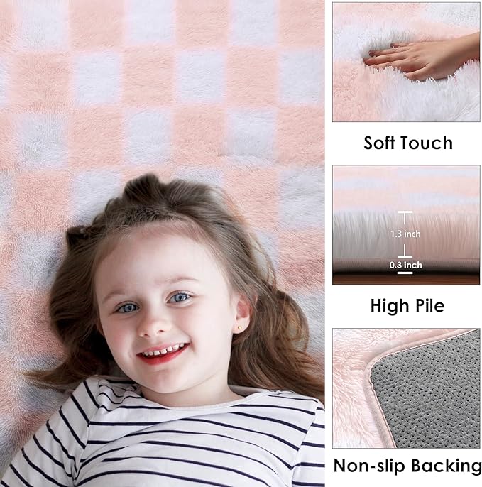 KICMOR 5x8 Area Rugs for Living Room, Light Pink and White Fluffy Shag Large Fuzzy Plush Soft Bedroom Carpets, Indoor Floor Shaggy Checkered Rug for Kids Baby Girls Room Playroom Nursery Home Decor