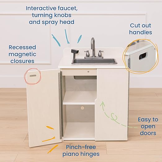 ECR4Kids Play Kitchen Sink, Wooden Playset, White Wash