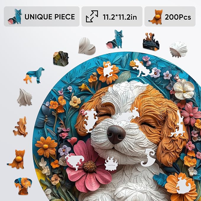 Wooden Puzzle for Adults - 3D King Charles Spaniel Dog Wooden Jigsaw Puzzles 200 Piece, Unique Shapes Family Reunion Puzzle for Adults, Best Gifts for Family Friends Medium, 11.2x11.2 in
