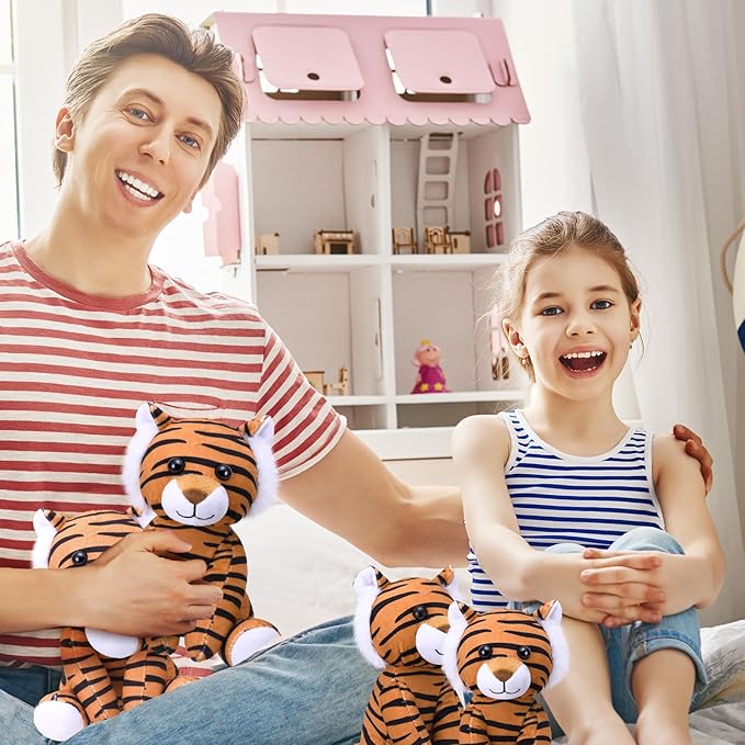 12 Pieces Tiger Stuffed Animal 6 Inch Sitting Tiger Plush Toys Lifelike and Cute Animal Dolls Gifts for Boys and Girls Birthday Favors Gifts Forest Party Decor
