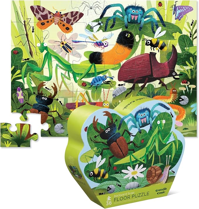 Crocodile Creek 36-Piece Jigsaw Floor Puzzle - Fun Floor Puzzles for Kids Ages 3-5 - Heavy-Duty Shaped Box for Storage - Backyard Bugs - 27" W x 20" H Finished