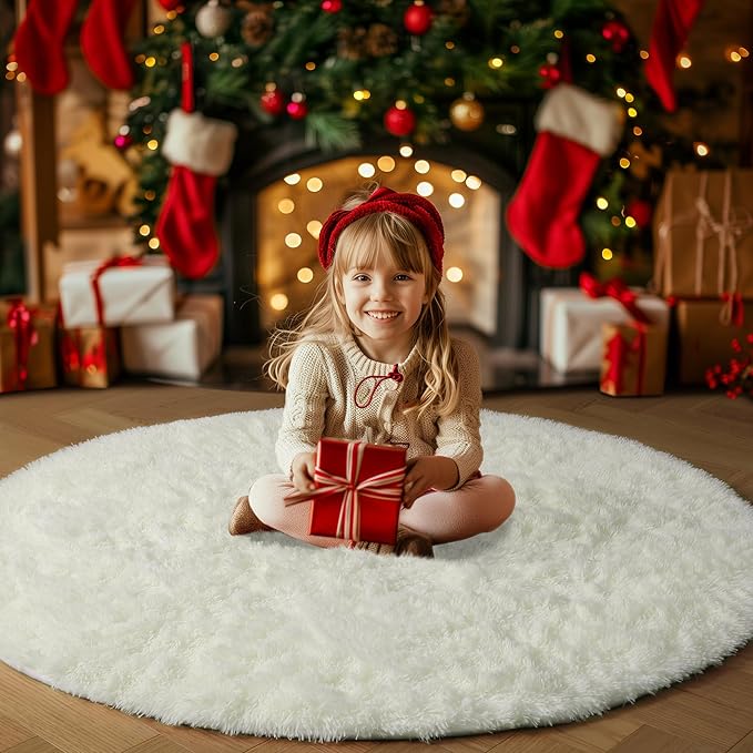 Amdrebio Ivory White Round Rug 4Ft for Kids Bedroom Aesthetic, Washable Fluffy Fuzzy Circle Area Rugs for Living Room, Circular Plush Soft Shaggy Cream Carpet for Baby Nursery Dorm Teen Girls Boys