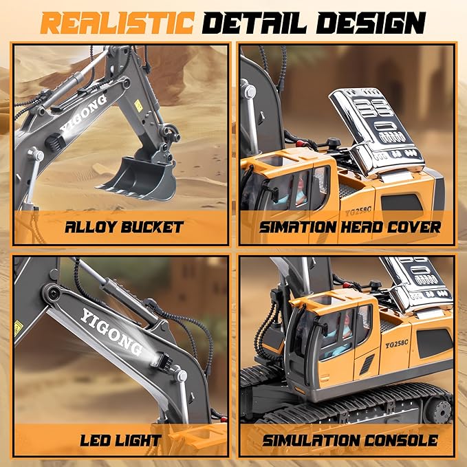 Remote Control Excavator Toy for 6 7 8 9 10 Years Old Kids, 2×1200mAh 11 Channel RC Digger with Metal Shovel, 680 Degree Rotation 2.4Ghz Simulated Sound & Lights, Ideal Gift for Birthday