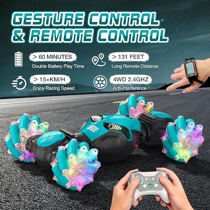 Axirata Gesture Sensing RC Stunt Car with Lights & Music for Kids 6-12 Year Old 4WD 2.4GHz Hand Controlled Remote Control Car 360° Rotation Off-Road Toy Car Gift for Boys Girls