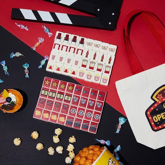 65 Tiles 30 mm Movie Night Mahjong Block Set with Storage Bags 2 Player Mahjong Push Tile Game Popcorn Drinks Pattern No DIY Required for Friend Family Game Night Party Gift (Melamine)