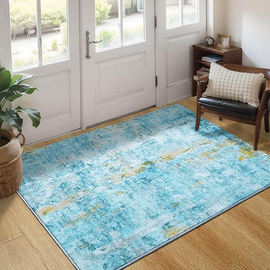 Entryway Rug 3x5 Teal Blue Bedroom Area Rug Washable Non Slip Abstract Boho Rugs for Indoor Entry, Kitchen, Classroom, Bathroom, Kids Girls Room, Office, College Dorm Small Carpet