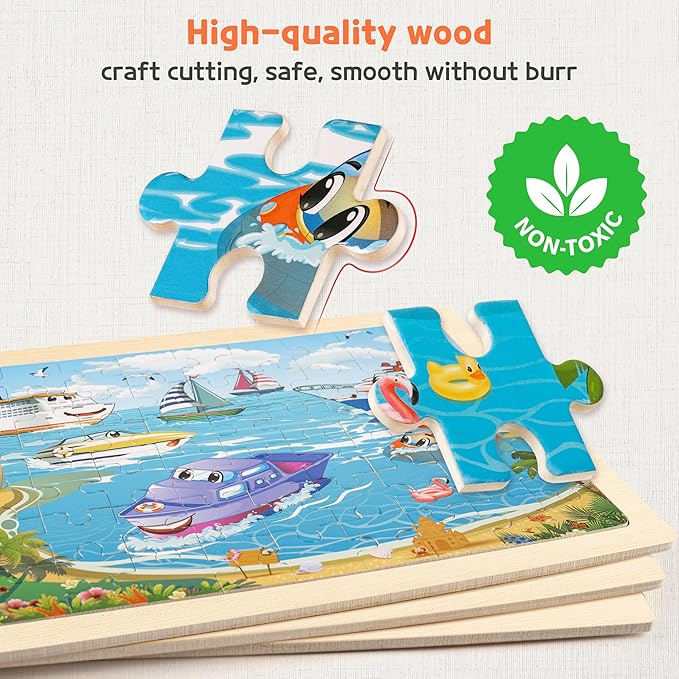 SYNARRY Wooden Vehicle Puzzles for Kids Ages 4-6, 6 Packs 60 PCs Jigsaw Puzzles Preschool Educational Toys Gifts for Children Ages 4-8, Kids Toys Gifts for 4+ Year Olds Boys Girls