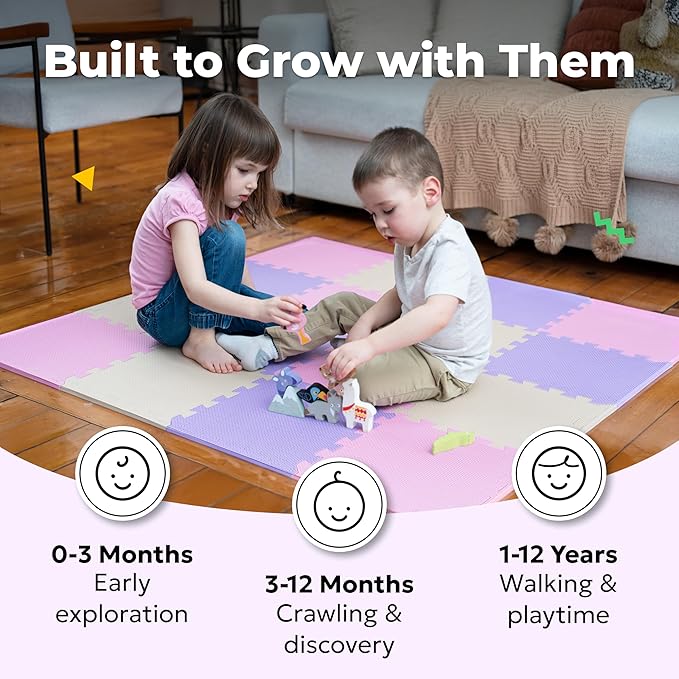 MioTetto Foam Floor Tiles for Kids - Non-Toxic Soft Comfortable Baby Play Mat, Thick Tummy Time Mat, Interlocking Foam Tiles for Development & Crawling, Soft Cushioned Play mat for Babies 6-12 Months